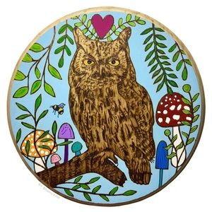 Mushroom Owl Wall Art Handmade Painting & Wood Burning